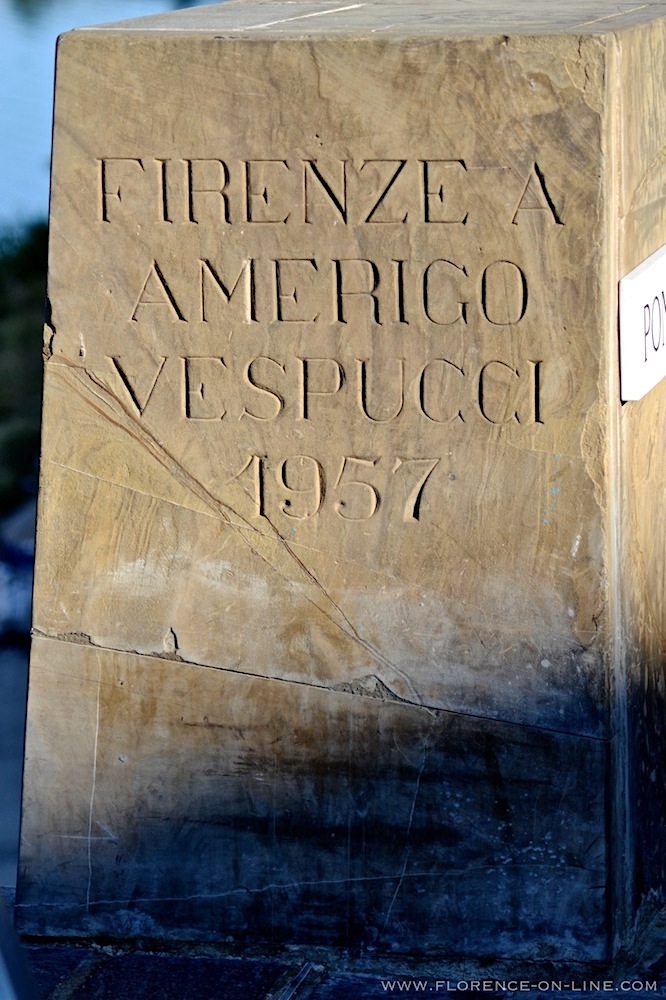 The original carved stone marker for the Ponte Amerigo Vespucci